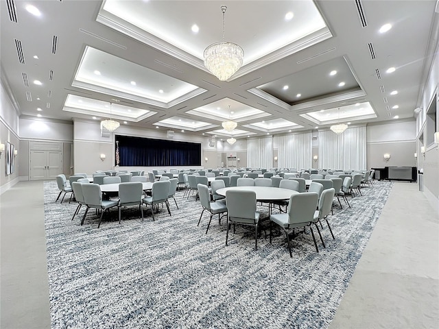 dining room featuring ornamental molding, an inviting chandelier, recessed lighting, and coffered ceiling