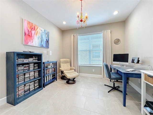 office featuring a chandelier, baseboards, light tile patterned flooring, and recessed lighting