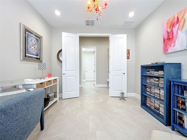 tiled office space with baseboards, visible vents, recessed lighting, and a chandelier