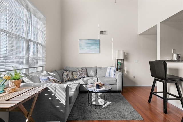 living room featuring dark wood-type flooring