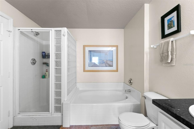 full bathroom featuring a textured ceiling, toilet, vanity, and plus walk in shower