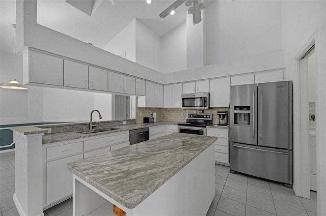 kitchen with a center island, backsplash, appliances with stainless steel finishes, white cabinets, and a sink