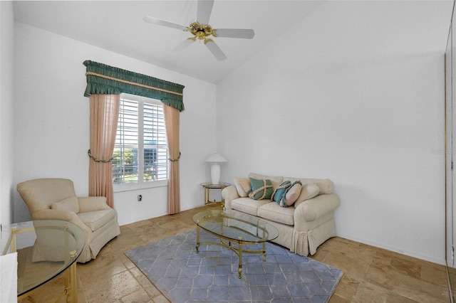 living room with lofted ceiling and ceiling fan