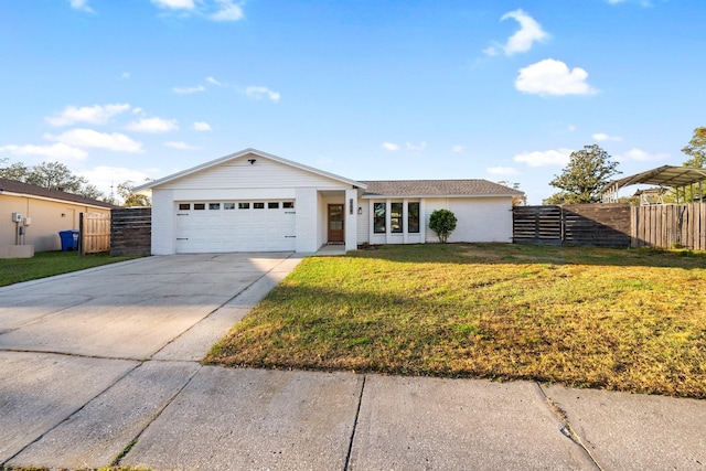 ranch-style home with a garage and a front yard