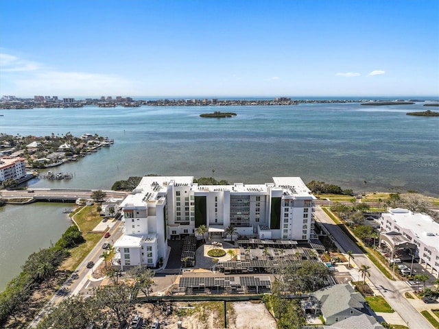 bird's eye view with a water view