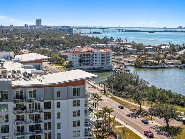 birds eye view of property featuring a water view