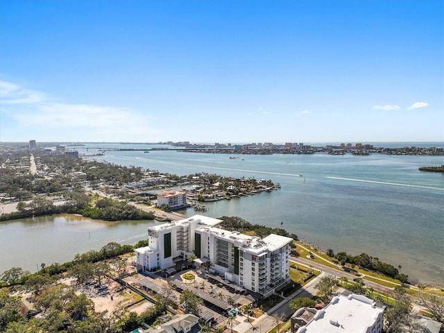 drone / aerial view featuring a water view