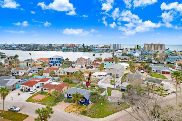 drone / aerial view featuring a water view
