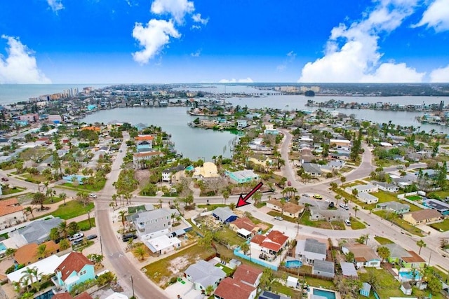 aerial view with a water view and a residential view