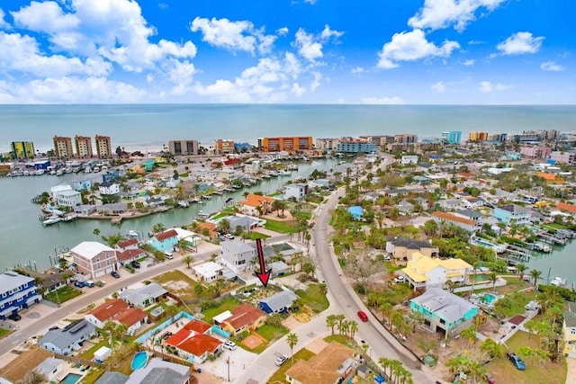 aerial view featuring a water view and a city view