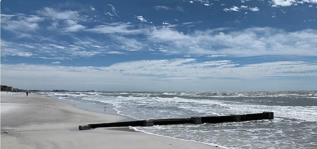 view of dock featuring a water view and a view of the beach