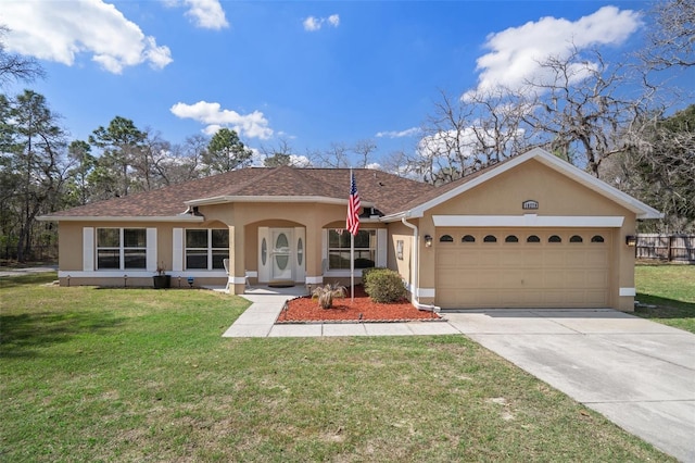 single story home featuring a front lawn and a garage