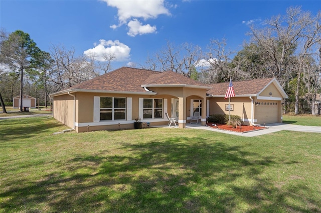 view of front of home featuring covered porch, a front lawn, and a garage