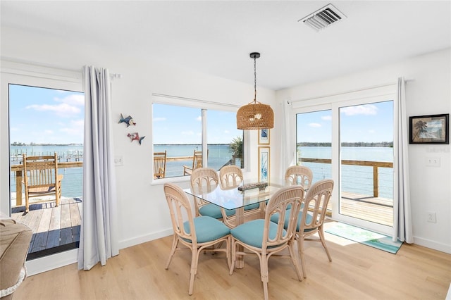 dining room with light wood finished floors, a water view, visible vents, and baseboards