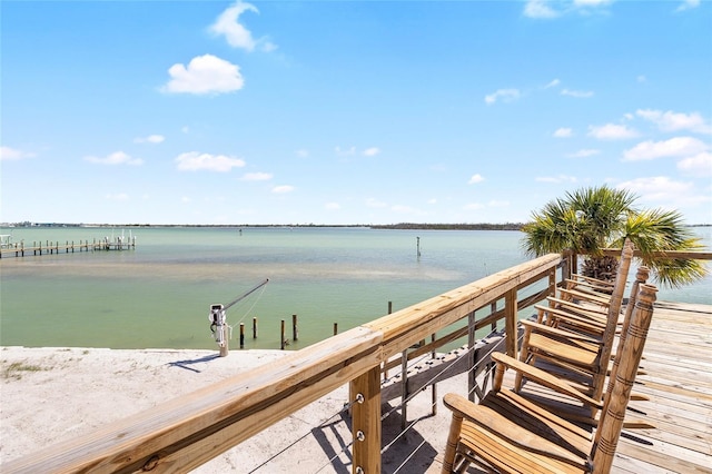 view of dock with a water view and a view of the beach