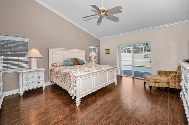 bedroom featuring lofted ceiling, ornamental molding, dark wood-type flooring, and access to exterior