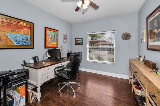 office area with ceiling fan, dark wood finished floors, and baseboards