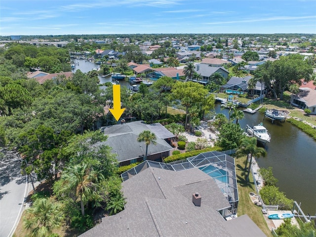 aerial view featuring a water view and a residential view