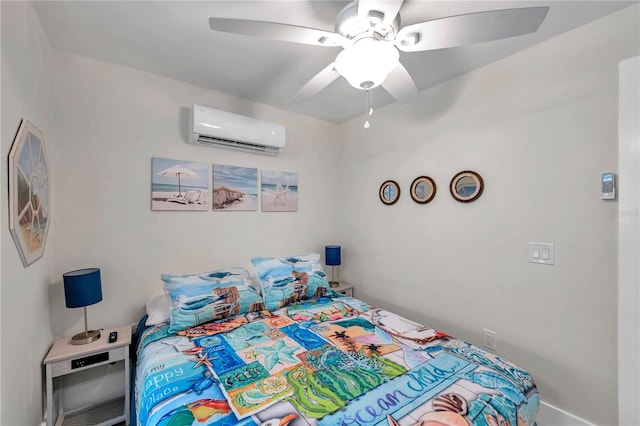 bedroom with a wall mounted air conditioner and ceiling fan