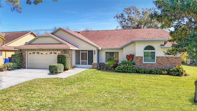 view of front of home featuring a front lawn, concrete driveway, brick siding, and a garage