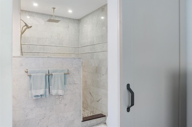 full bathroom with walk in shower and recessed lighting