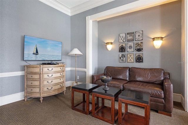 carpeted living room with crown molding and baseboards