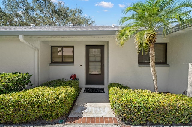 doorway to property with roof with shingles and stucco siding