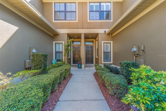 view of exterior entry featuring stucco siding