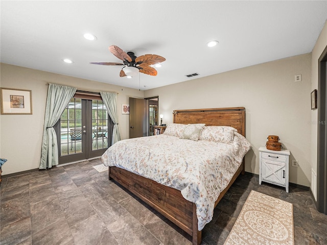 bedroom featuring ceiling fan and access to exterior