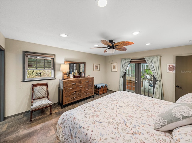 bedroom with french doors, access to outside, and ceiling fan