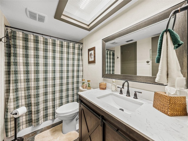 bathroom featuring toilet, a skylight, and vanity