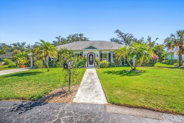 ranch-style house with a front lawn