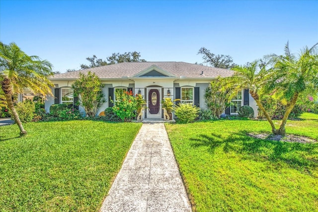 single story home featuring a front lawn