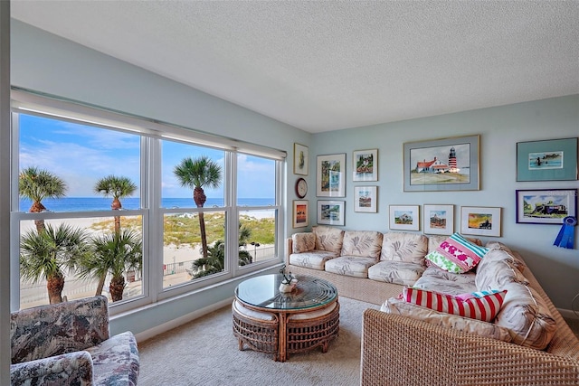 carpeted living room with a view of the beach, a textured ceiling, and a water view