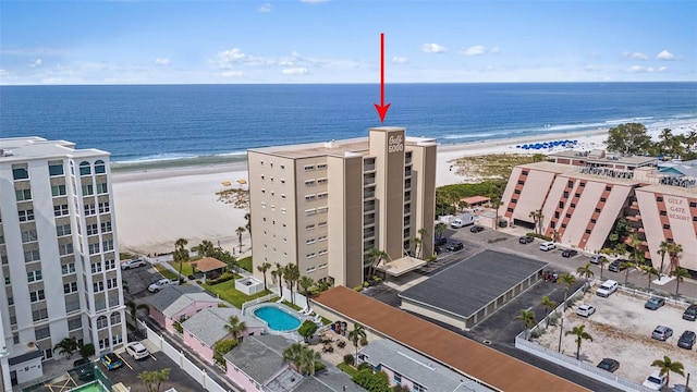 drone / aerial view with a view of the beach and a water view