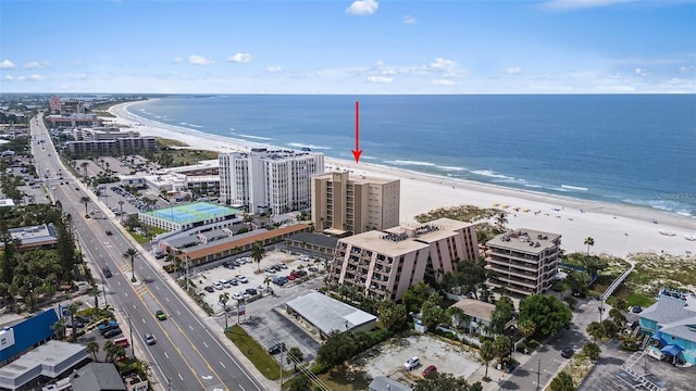 bird's eye view with a view of the beach and a water view