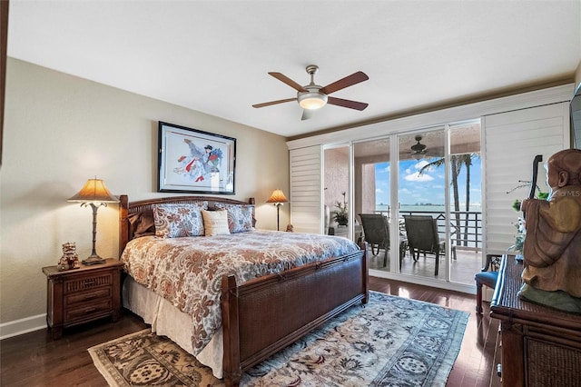 bedroom with access to outside, dark wood-style flooring, ceiling fan, and baseboards