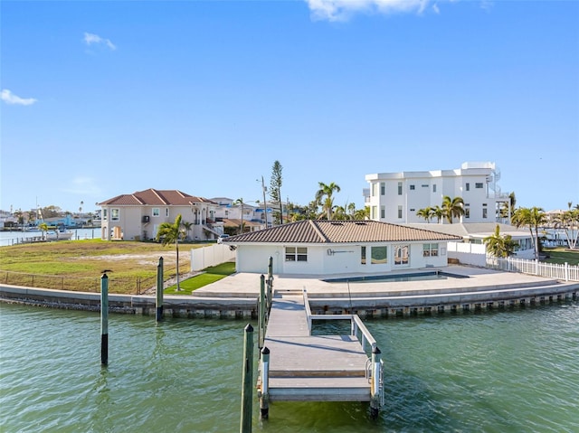 dock area featuring a water view, a patio area, and a fenced backyard