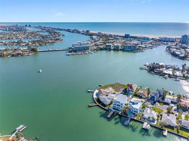 bird's eye view featuring a water view and a city view