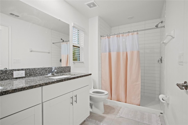 full bathroom featuring toilet, a shower stall, visible vents, and tile patterned flooring