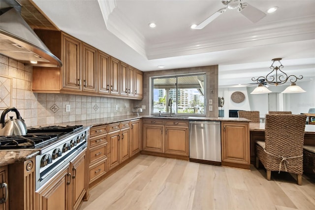 kitchen featuring a tray ceiling, crown molding, appliances with stainless steel finishes, a sink, and wall chimney exhaust hood