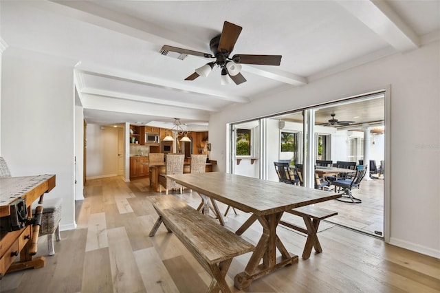 dining room featuring light wood-style floors, baseboards, and beamed ceiling