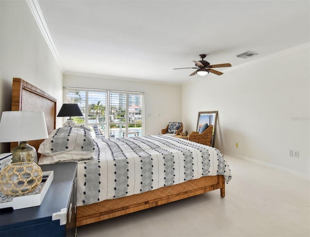 bedroom featuring ornamental molding, a ceiling fan, visible vents, and baseboards