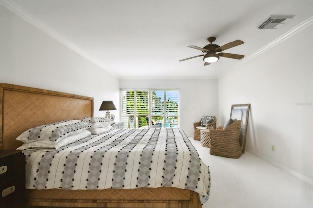 carpeted bedroom with ceiling fan, baseboards, visible vents, and crown molding