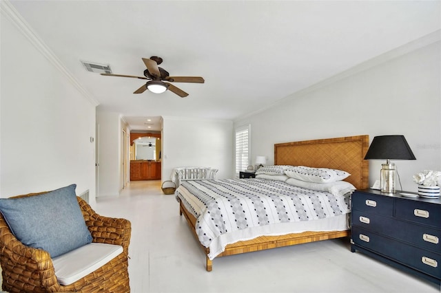 bedroom with visible vents, a ceiling fan, and ornamental molding