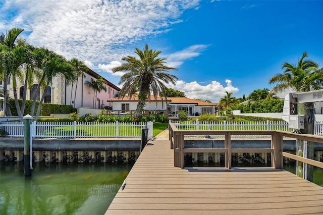 dock area featuring a water view and fence