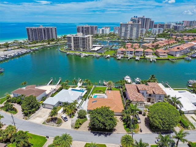 aerial view with a water view and a view of city