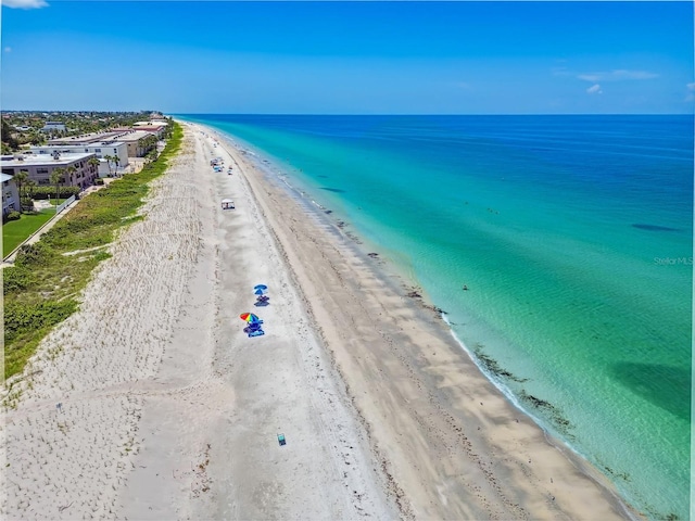 drone / aerial view with a water view and a view of the beach