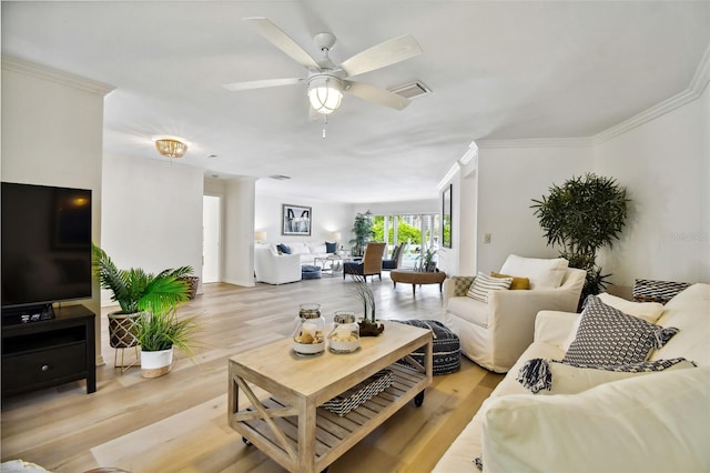 living room featuring ceiling fan, light wood finished floors, visible vents, and crown molding