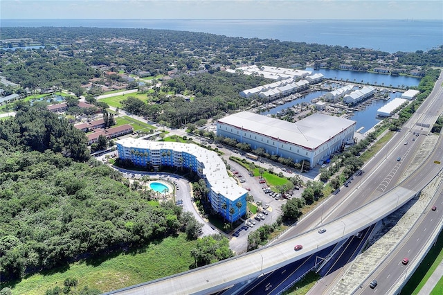 birds eye view of property featuring a water view